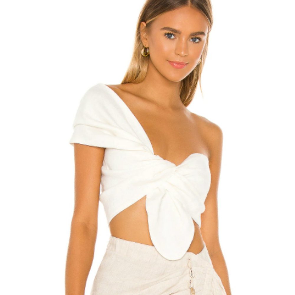 Just BEE Queen Sol One Shoulder Crop Top in Ecru Size Medium